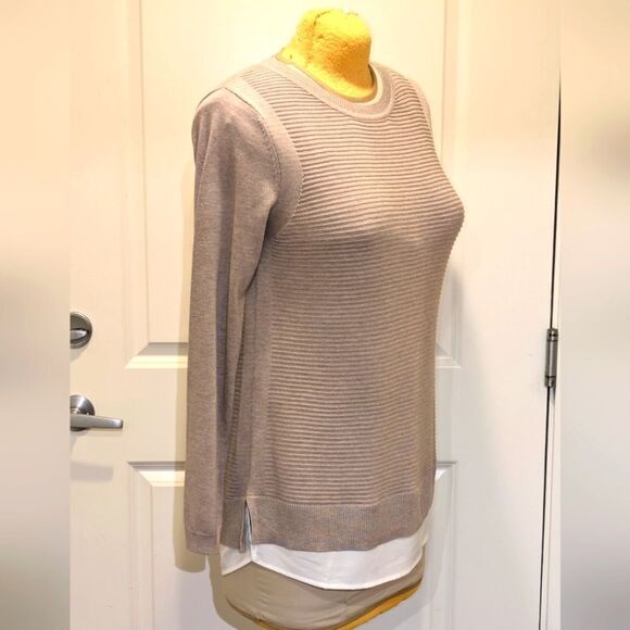 Hilary Radley L Tan Rib Knit Cotton Blend Faux Dress Shirt Bottom Sweater - Picture 6 of 8